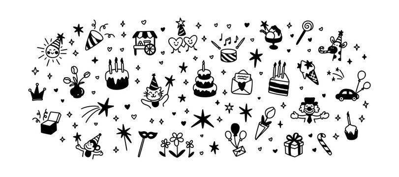Set of hand drawn cute line doodle kid birthday icons. Childish crayon scribbles. Celebration cake with candles, funny clown, giraffe, monkey congratulating new born. Party invitation background