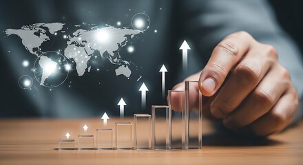 Businessman adjusting rising bar graph with world map and upward arrows growth finance
