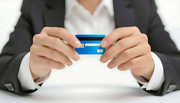 Businessman hands holding a blue credit card at the desk