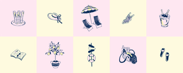 Set of summer beach posters. Doodle vector illustration. Hand drawing lounge chair with parasol, lemon tree in vase, bikini, hat, sunglasses. Whimsical Mediterranean background in girly coquette style