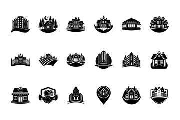 Collection real estate logos icons featuring houses buildings home