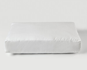 White orthopedic pet bed resting on white seamless background