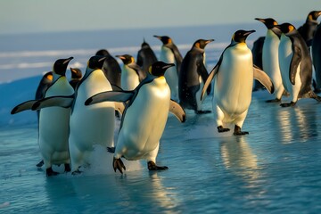 Obraz premium King penguins strutting across icy waters, capturing the essence of Antarctic wildlife in action