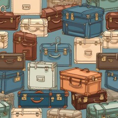 Retro Suitcase Seamless Pattern with Brown, Blue, Tan Luggage Background