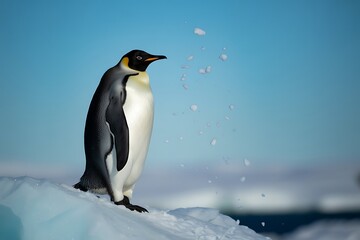 Naklejka premium Majestic Emperor Penguin stands proudly on icy terrain against a vibrant, clear blue sky