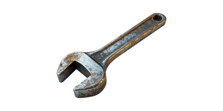 Rusty Adjustable Wrench. Symbol Of Repair And Maintenance Tools Isolated On Transparent Background