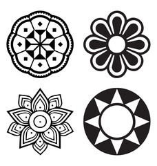 Black mandala icon set, geometric floral decorative pattern, round ornament, abstract sacred design element symbol