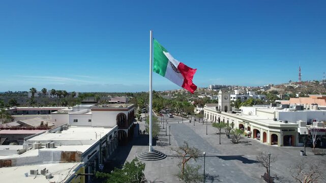 Aerial View of Mexican Flag Waving in Historic Downtown San Jos&eacute; del Cabo, Baja California Sur