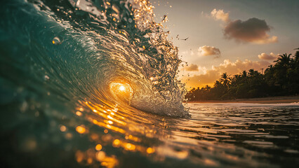 Ocean wave tunnel at sunset with sunbeams and a bird flying image photo