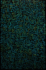 Fototapeta premium Graffiti Tags on Black Background – Copper, Jungle Green, and Ink Blue Spray Paint Symbols and Shapes – Urban Art Texture, Street Style Abstract Pattern