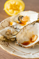 Empty oyster shells with lemon remains and sauce traces on a kitchen surface. Scene after eating seafood at home.