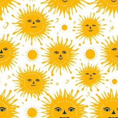 Smiling Yellow Sun Face Pattern on White Background
