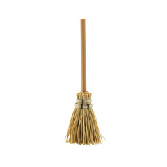 Pristine, miniature doll-sized broom with polished light brown wooden handle and natural straw bristles, presented upright in a perfectly lit studio on transparent background, 3/4 view macro