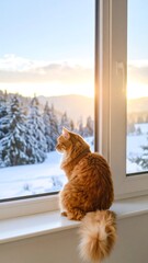 Ginger cat by window, snowy landscape