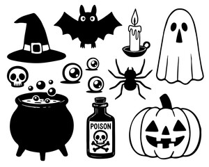 Set of black and white Halloween vector including pumpkin, ghost, bat, spider, witch hat, poison bottle, and cauldron.