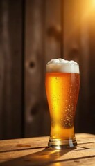 Tall beer glass, wooden plank background, sunlit, photography, still life