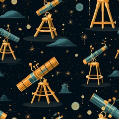 Astronomical Telescope Pattern on Dark Blue Starry Sky