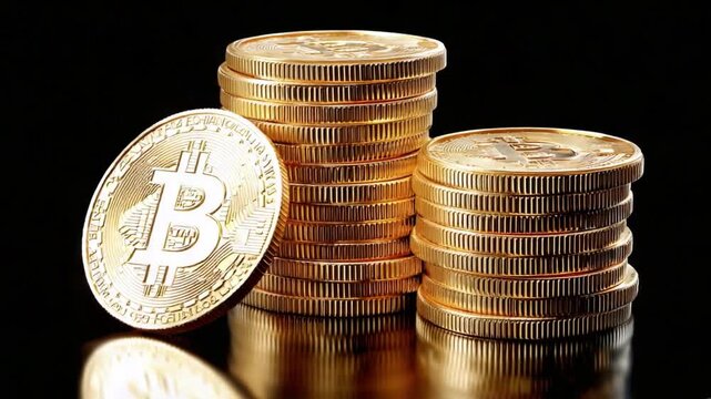 Golden Bitcoin Stacks: Symbolic of financial prosperity and the digital currency revolution, stacks of lustrous golden bitcoins gleam against a sleek, dark backdrop.