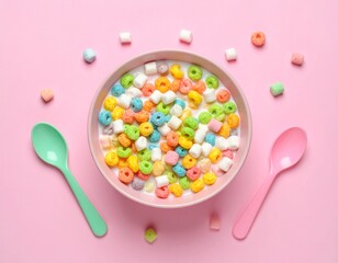 Colorful Cereal Rings and Marshmallows in Milk with Spoons on Pink Background