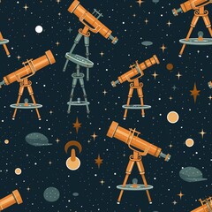 Repeating Pattern with Orange Telescopes and Stars on Dark Blue