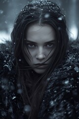 Winter Muse: Intense Female Portrait in Snowstorm with Fur Coat