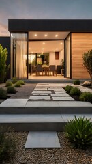 Sophisticated contemporary house featuring a sleek architectural design with a xeriscaped front yard, stone walkway, and a warm, inviting glow from the interior lights during a peaceful evening