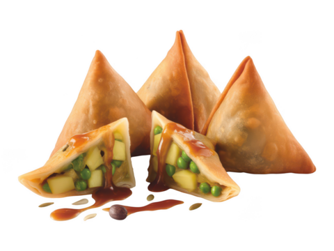 Golden samosas with savory filling isolated on transparent background