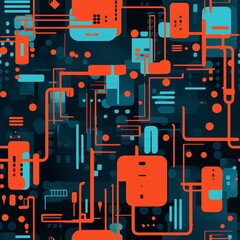 Geometric Abstract Pattern with Coral and Cyan Lines on Dark Background