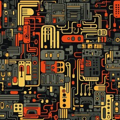 Abstract Circuit Board Retro Orange and Yellow Electronic Seamless Pattern