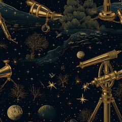 Vintage Telescope Pattern Golden Astronomy Celestial Night Sky