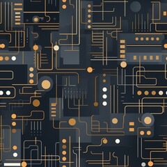 Abstract Technology Circuit Pattern, Dark Blue and Gold Seamless Background