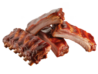 Pile of smoked pork ribs isolated on transparent background