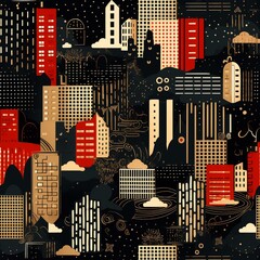 Abstract Cityscape with Red and Gold Buildings on Black