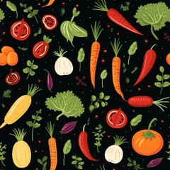 Colorful Vegetable Pattern with Carrots Tomatoes and Greens on Dark Background