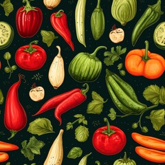 Colorful Vegetable Pattern with Red Peppers and Green Squash on Dark Background