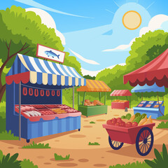 Vibrant Summer Farmers Market: Fresh Produce, Meats, and Seafood Stalls in Sunny Park Setting