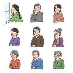 Fototapeta premium Contemplative Seniors and Young Woman: Pensive Line Art Set