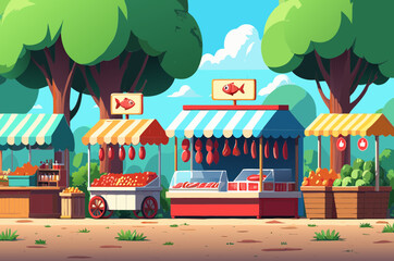 Vibrant Cartoon Illustration: Summer Farmers Market Stalls with Fresh Meats, Produce, and Fish.
