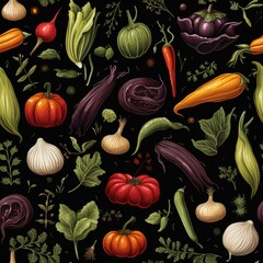 Colorful Vegetable Pattern on Black Background Food Art