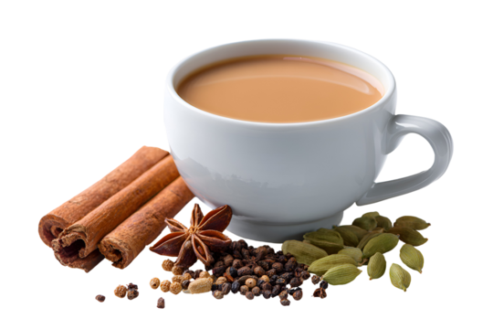 White mug of masala chai with cinnamon sticks and spices isolated on transparent background