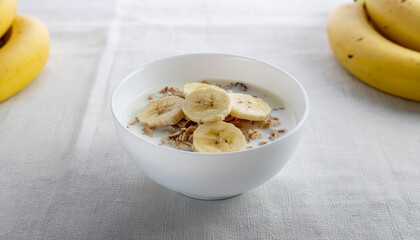 Creamy Granola with Banana Slices in White Bowl