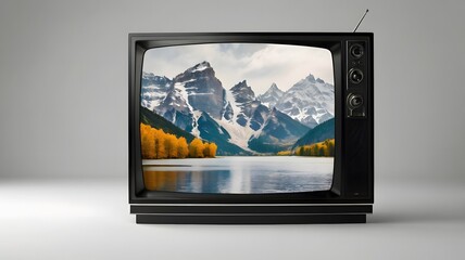 A vintage television set displaying a majestic mountain landscape with a serene lake and vibrant autumn trees, a nostalgic blend of retro tech and breathtaking natural beauty