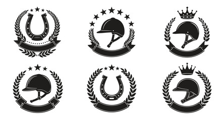 A collection of vector equestrian sport icons featuring horseshoes and helmets, perfect for creating logos and designs related to horseback riding and equestrian events.