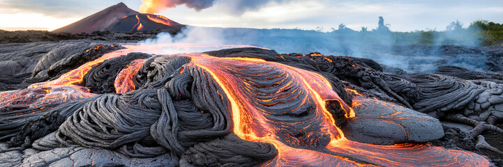 lava, volcanic eruption, flowing molten rock, dramatic landscape, fiery glow, scorched earth, billowing smoke, dramatic sky, scenic nature
