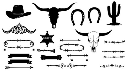 A versatile collection of black vector silhouettes featuring iconic Western and cowboy-themed design elements, including hats, skulls, and horseshoes, perfect for design.