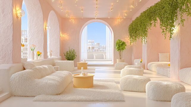 Cat cafe, Cozy cat cafe with blankets and warm lighting in 3D design.