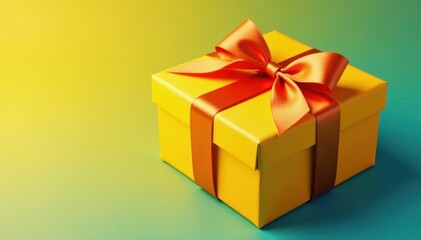 Obraz premium Shiny orange ribbon, neatly tied on a yellow gift , festive, anniversary