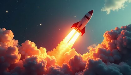 Obraz premium Sleek rocket blasts off, leaving vibrant plume of smoke and fire , smoke, spaceship, sunset