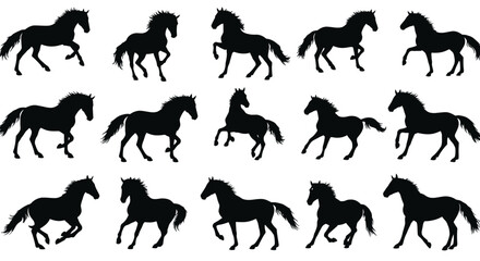 Obraz premium Collection of black horse silhouettes in various dynamic poses, perfect for equestrian designs and graphic resources.