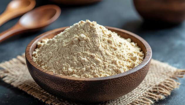 Finely ground cumin in a rustic wooden bowl, placed on a dark, moody background. The spice is golden-brown and powdery, with a soft, velvety texture. 